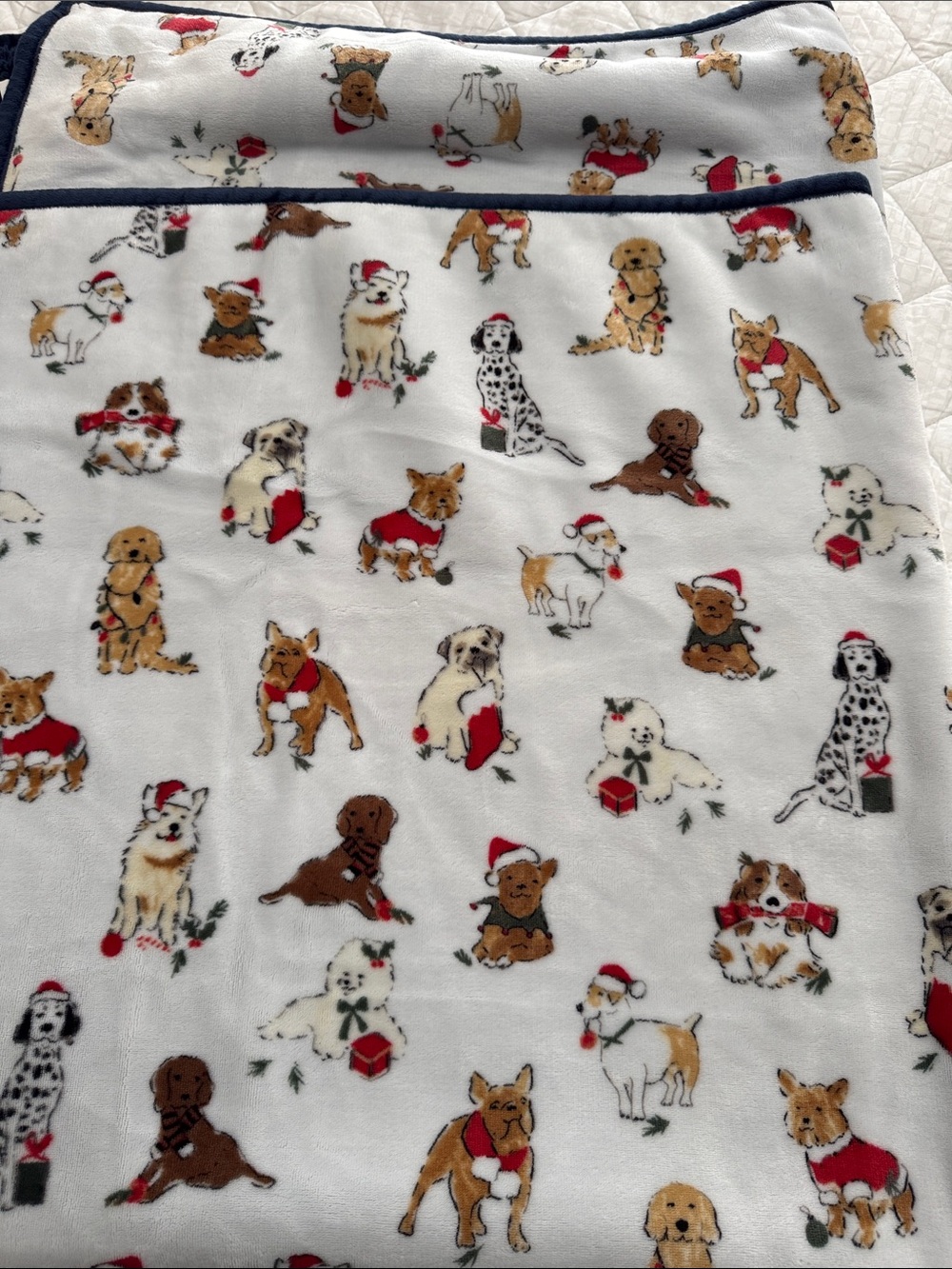 Festive Puppy Print Plush Dog Blanket - White with Red and Navy